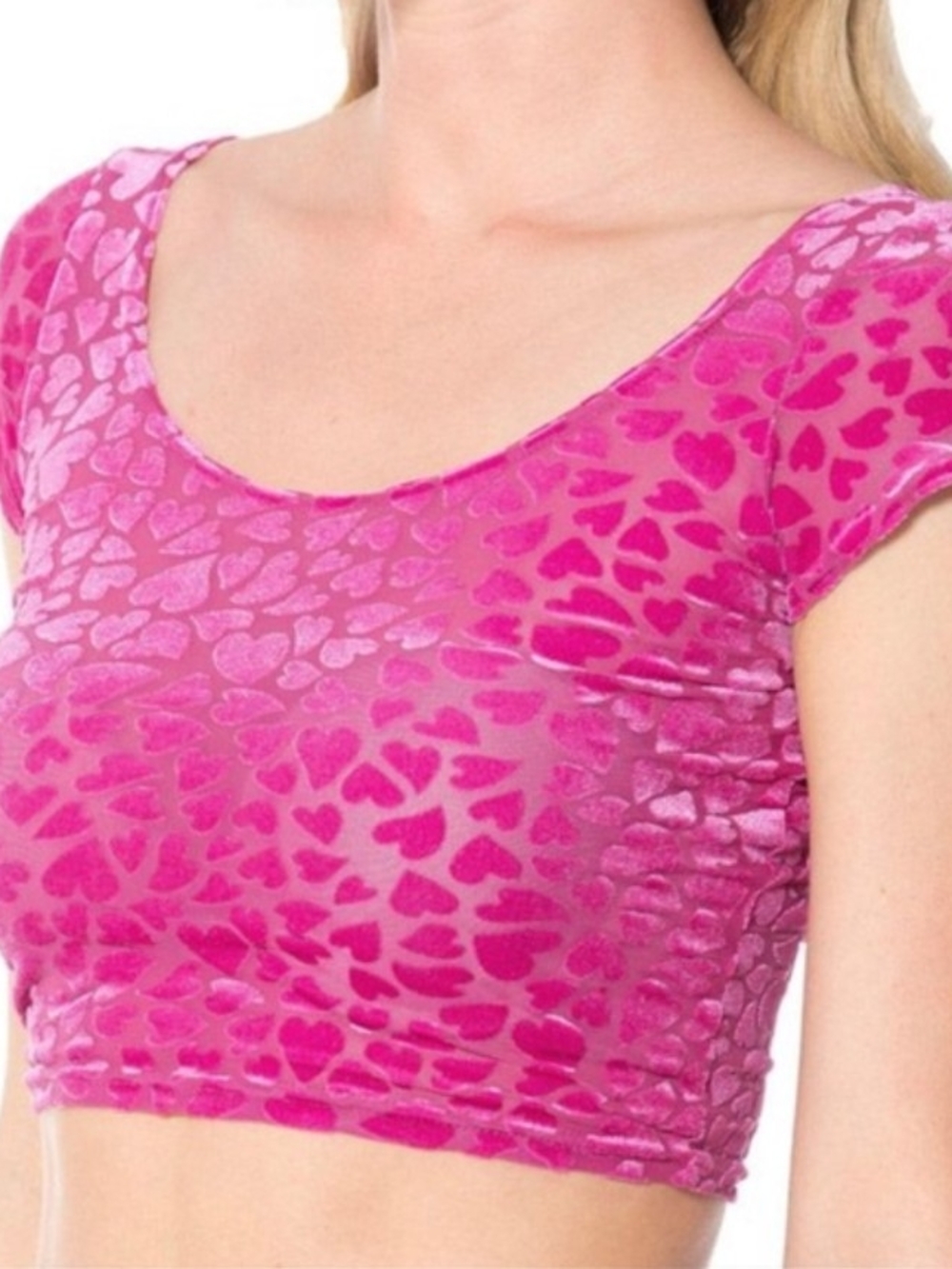 Balckmilk Women’s Short Sleeve Sheer Pink Velvet Heart Crop Top